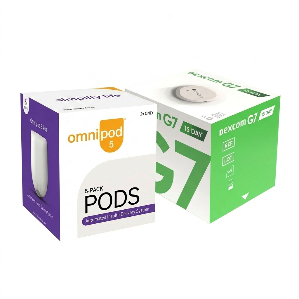 Unused diabetic supplies including Dexcom G7 sensors and Omnipod pods